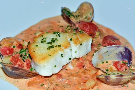 Pan Seared Cod with Tomato Clam Nage