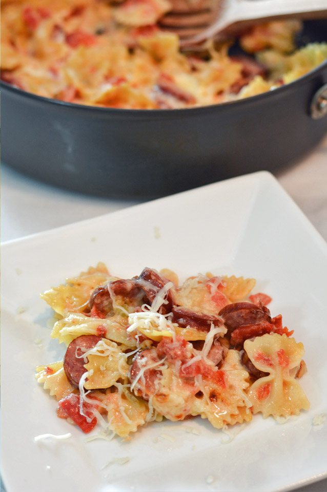 cheesy smoked sausage pasta on dinner plate