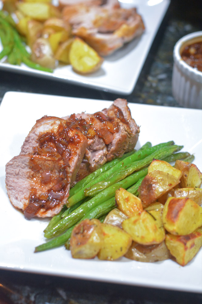 Balsamic Pork with roasted green beans and rosemary potatoes