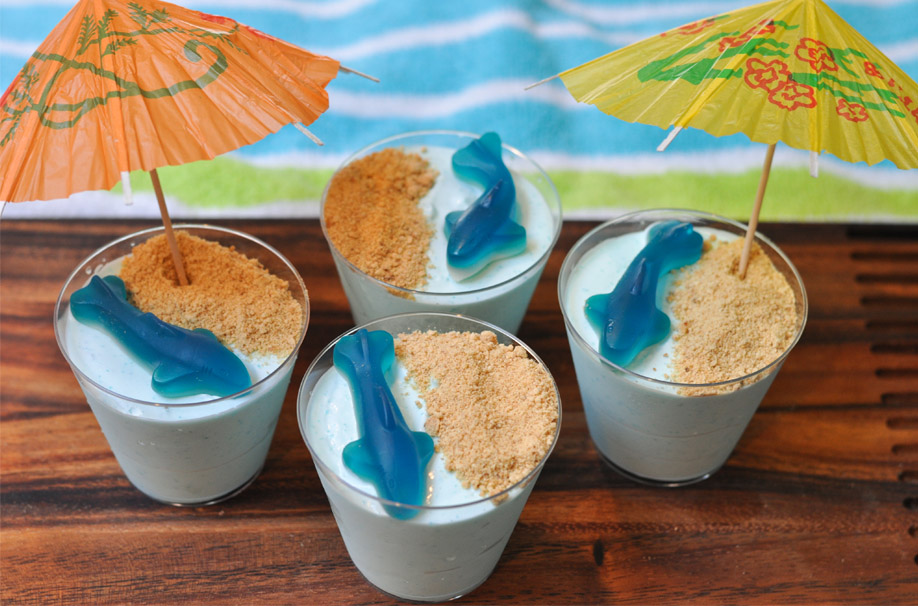 blue yogurt cups with gummy shark