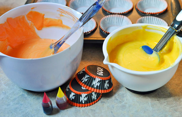 yellow and orange cupcake batter