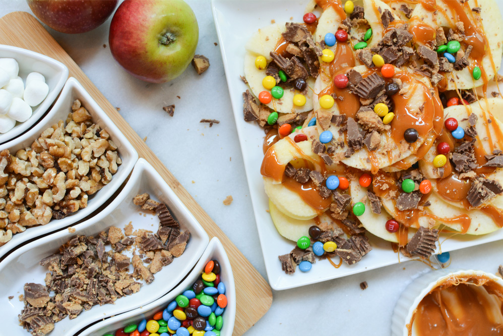 Caramel Apple Nachos with M&Ms