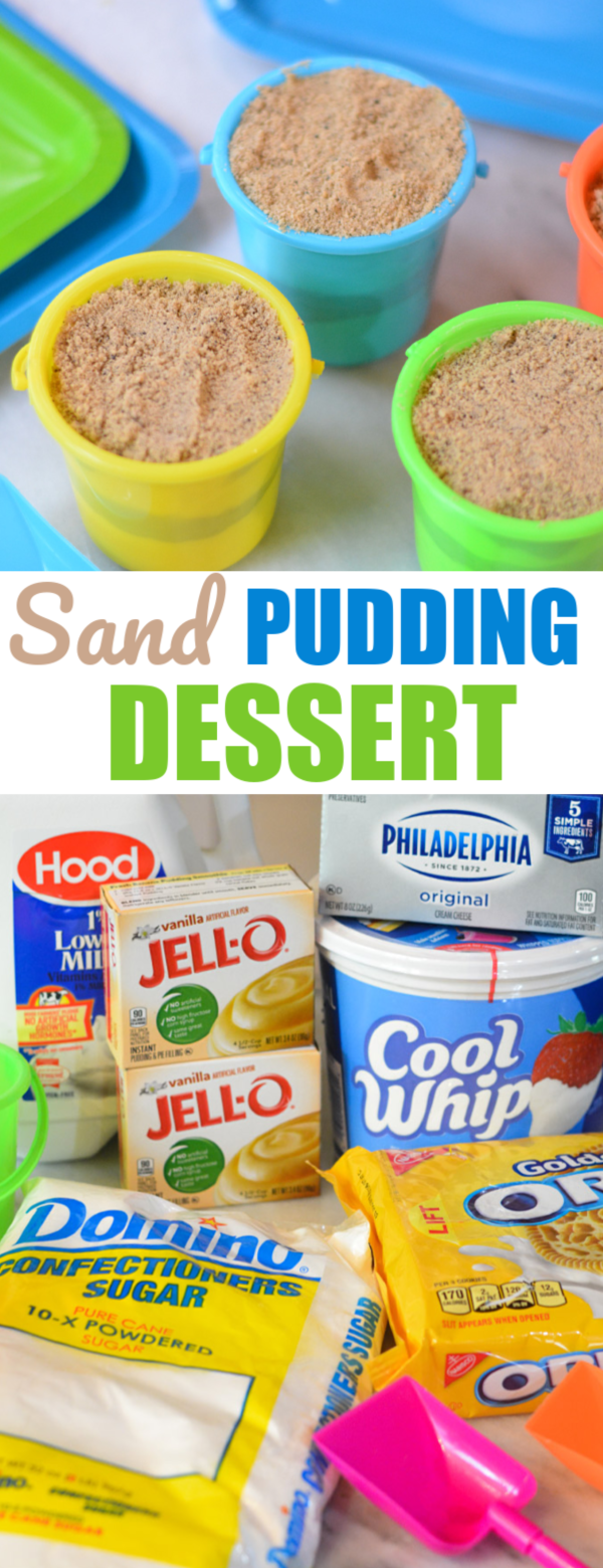 Kids will LOVE digging into this "Sand" pudding dessert. Set the scene for a birthday party or beach party with this fun snack idea. These cute little beach buckets and shovels add the perfect touch. sand dessert