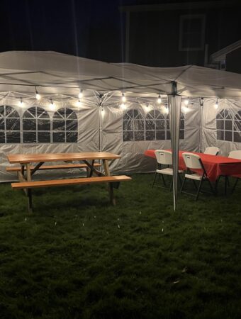 quictent 10x20 party tent at night with lights